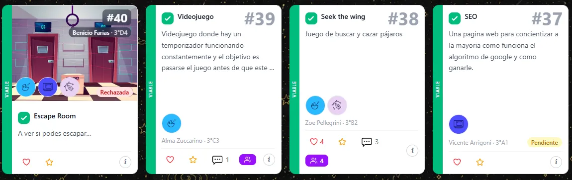 Cuatro tarjetas de idea, cada una con una franja de estado de moderación en el costado izquierdo, el autor abajo y contadores de likes y de postulantes.