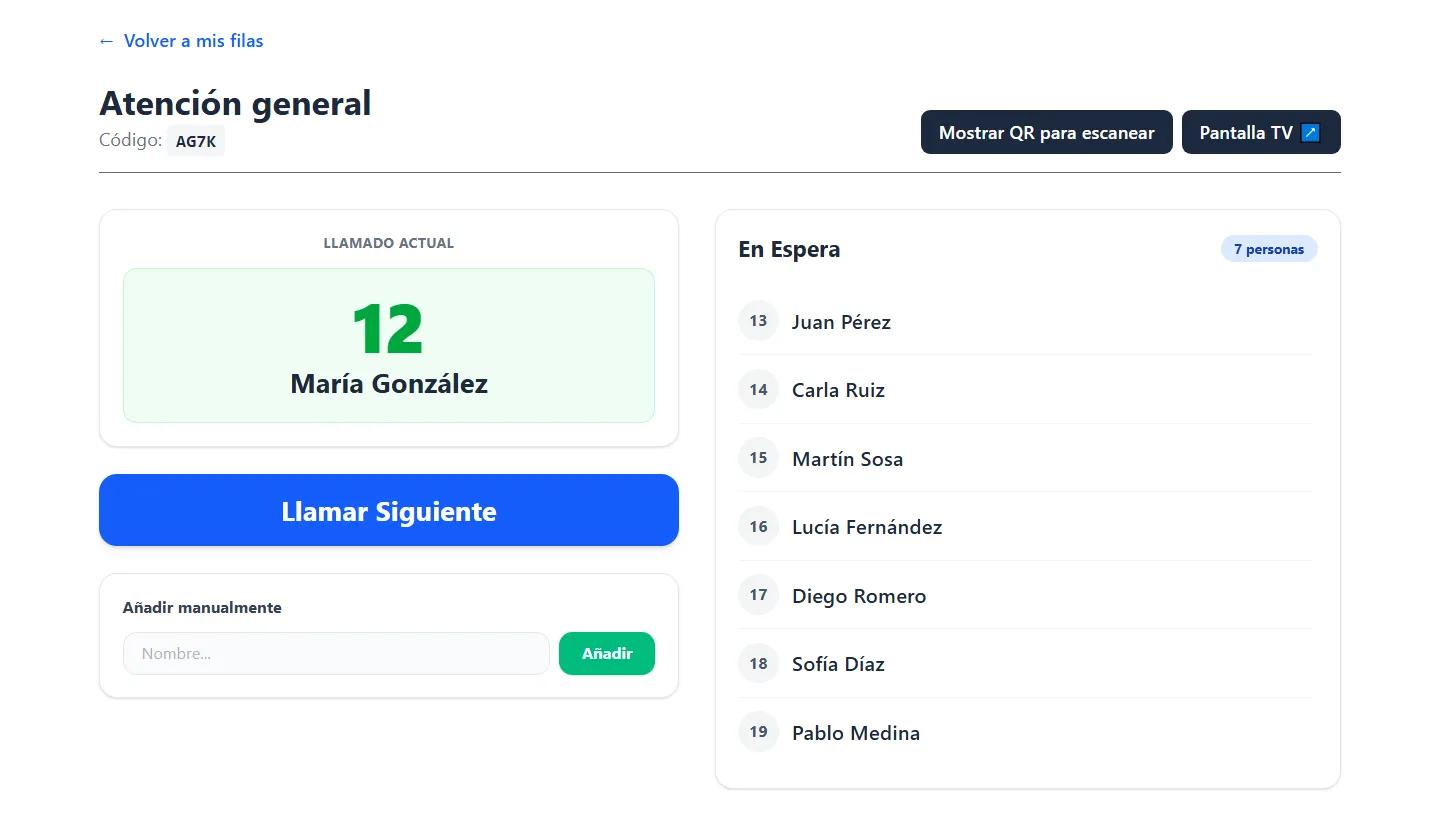 Turnero Digital: el panel del prestador, con el número llamado, el botón para llamar al siguiente y la fila en espera